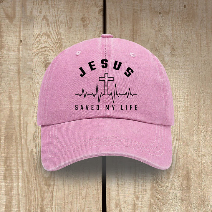 Christianartworkshop „Jesus Saved My Life and Heartbeat Graphic“ Unisex-Mütze aus gewaschener Baumwolle im Used-Look - Rosa - image 14
