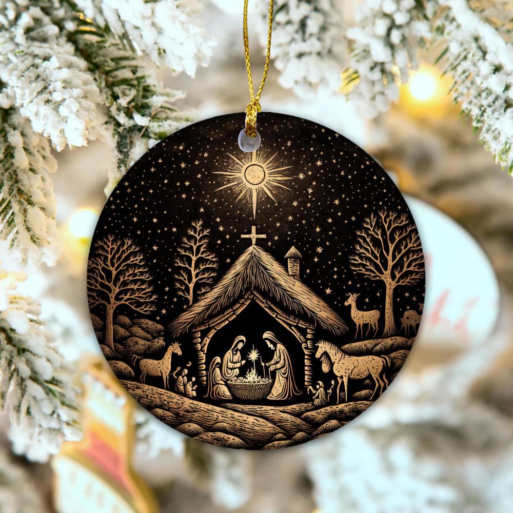 Christianartworkshop Schwarz & Goldene künstlerische Weihnachtskrippe, hängende Weihnachtsornamente - Keramik - image 1