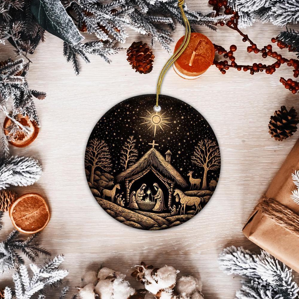 Christianartworkshop Schwarz & Goldene künstlerische Weihnachtskrippe, hängende Weihnachtsornamente - image 2