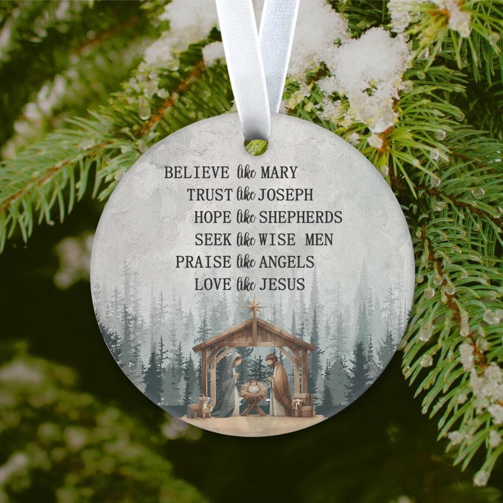 Christianartworkshop Weihnachtskrippe mit hängenden Ornamenten „Glaube wie Maria, liebe wie Jesus“ - Acryl - image 0