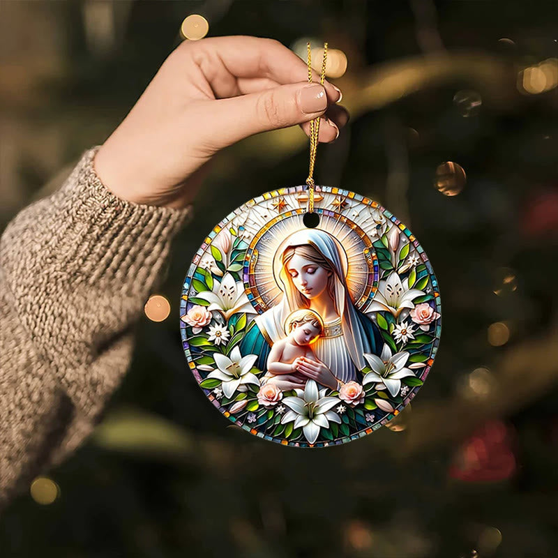 Christianartworkshop Realistischer Stil Jungfrau Maria Blumenkranz Stern Weihnachtsschmuck zum Aufhängen - image 1