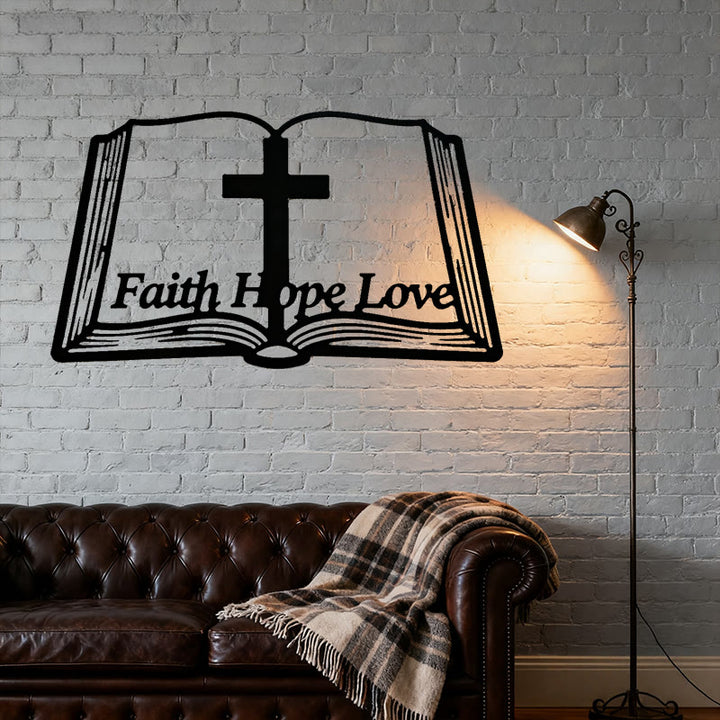 Christianartworkshop Inspirierende Wanddekoration aus Metall mit Kreuz und Bibelmotiven: Glaube, Hoffnung, Liebe - image 2