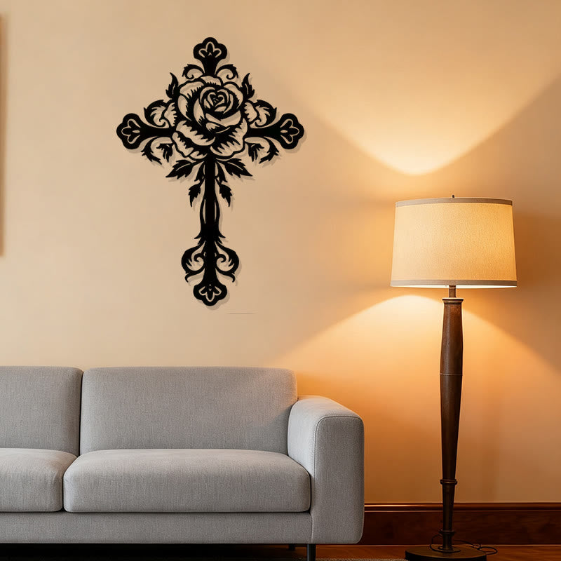 Christianartworkshop Künstlerisches Wanddekor mit Rosenkreuz und Blumenmotiv, Schwarz - image 1