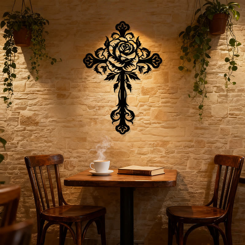 Christianartworkshop Künstlerisches Wanddekor mit Rosenkreuz und Blumenmotiv, Schwarz - image 3