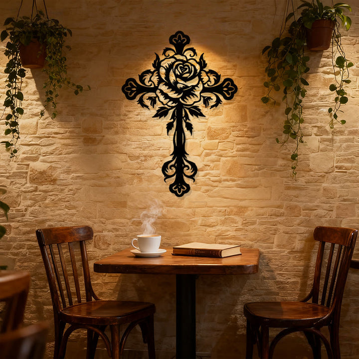 Christianartworkshop Künstlerisches Wanddekor mit Rosenkreuz und Blumenmotiv, Schwarz - image 3