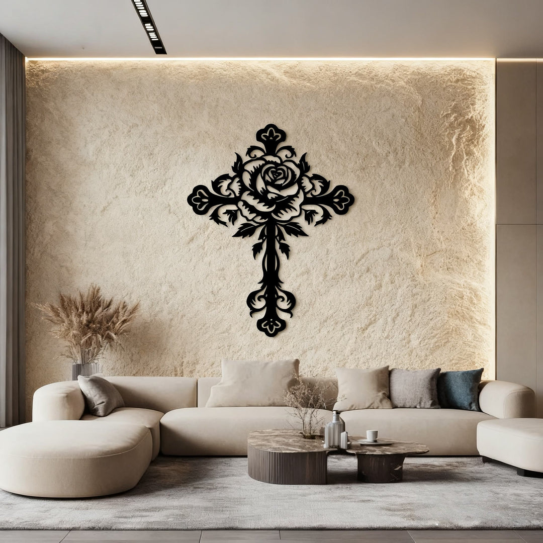 Christianartworkshop Künstlerisches Wanddekor mit Rosenkreuz und Blumenmotiv, Schwarz - image 4