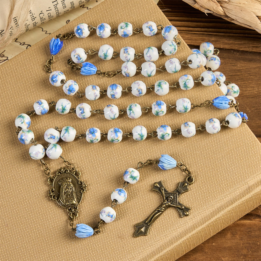 Christianartworkshop Rosenkranz mit unbeflecktem Herzen Mariens und Kruzifix, rund, 8 mm, blaue Kette aus Acryllegierung mit Blumenmuster - image 3