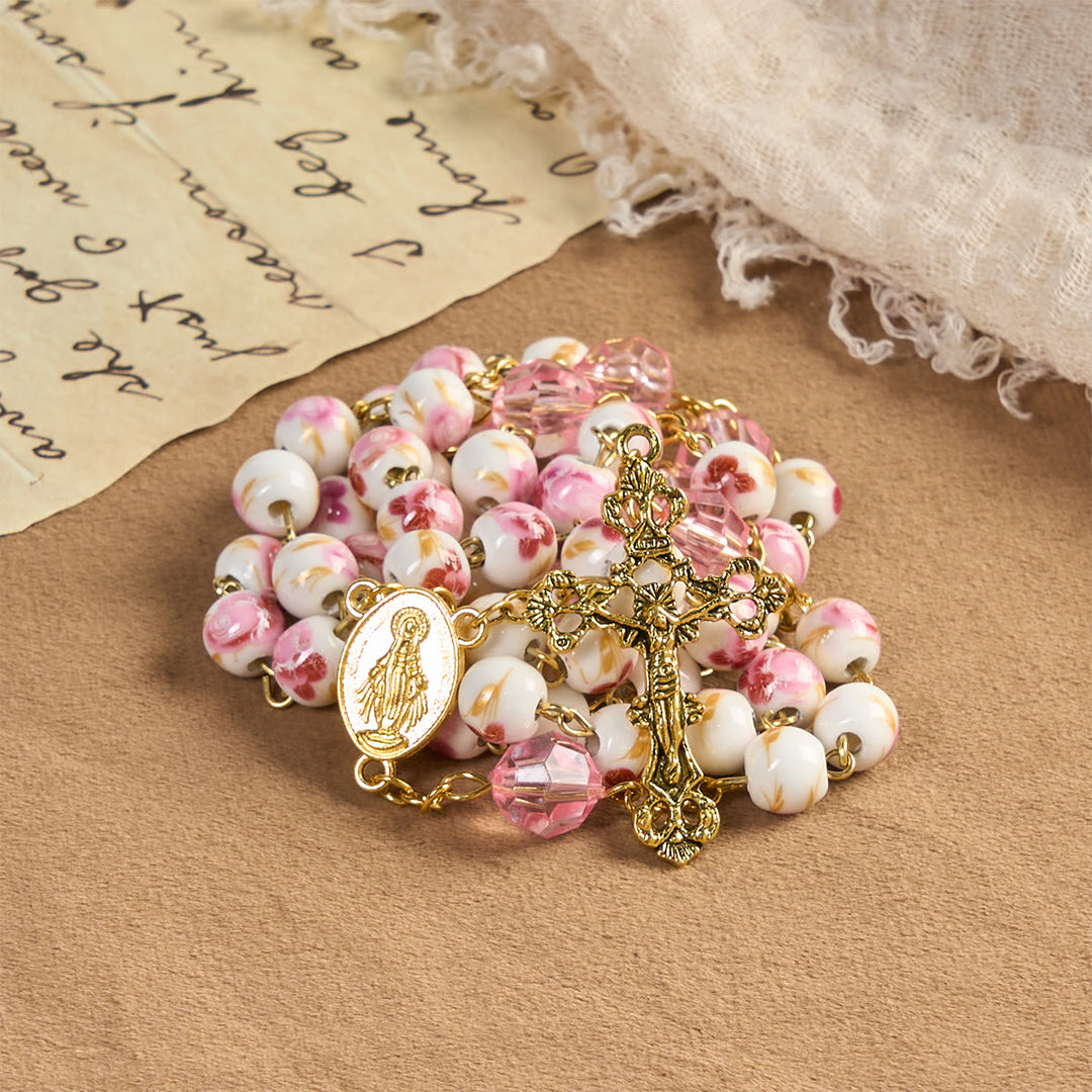 Christianartworkshop Wundertätige Medaille & Kruzifix von 8 mm runden Blumen rosa Keramik Legierung Kette Rosenkranz - Rosenkranz „Rose der Gnade“ - image 0