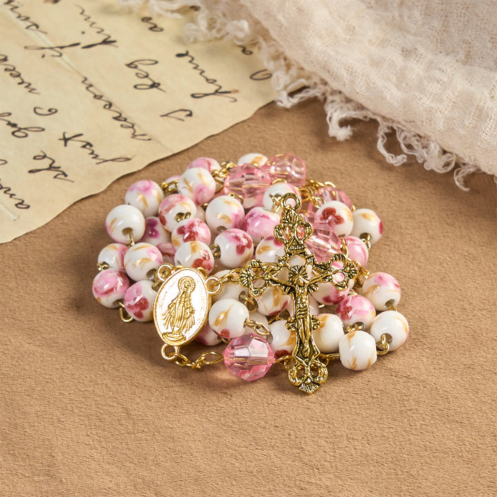 Christianartworkshop Wundertätige Medaille & Kruzifix von 8 mm runden Blumen rosa Keramik Legierung Kette Rosenkranz - Rosenkranz „Rose der Gnade“ - image 0