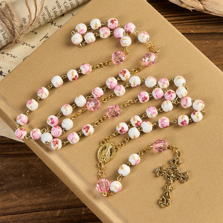 Christianartworkshop Wundertätige Medaille & Kruzifix von 8 mm runden Blumen rosa Keramik Legierung Kette Rosenkranz - image 2