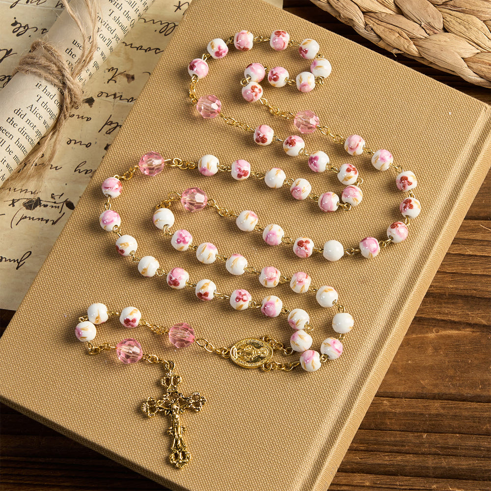 Christianartworkshop Wundertätige Medaille & Kruzifix von 8 mm runden Blumen rosa Keramik Legierung Kette Rosenkranz - image 1