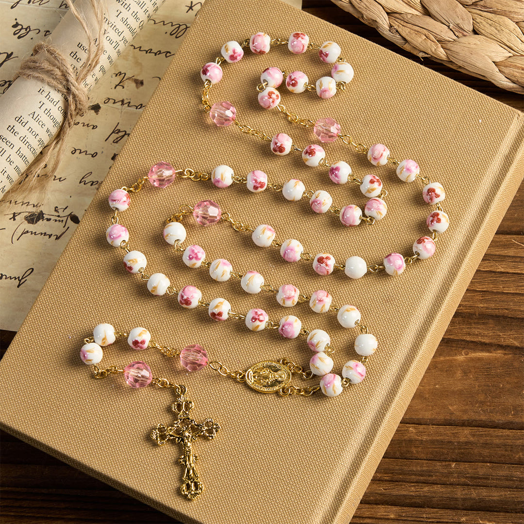 Christianartworkshop Wundertätige Medaille & Kruzifix von 8 mm runden Blumen rosa Keramik Legierung Kette Rosenkranz - image 1