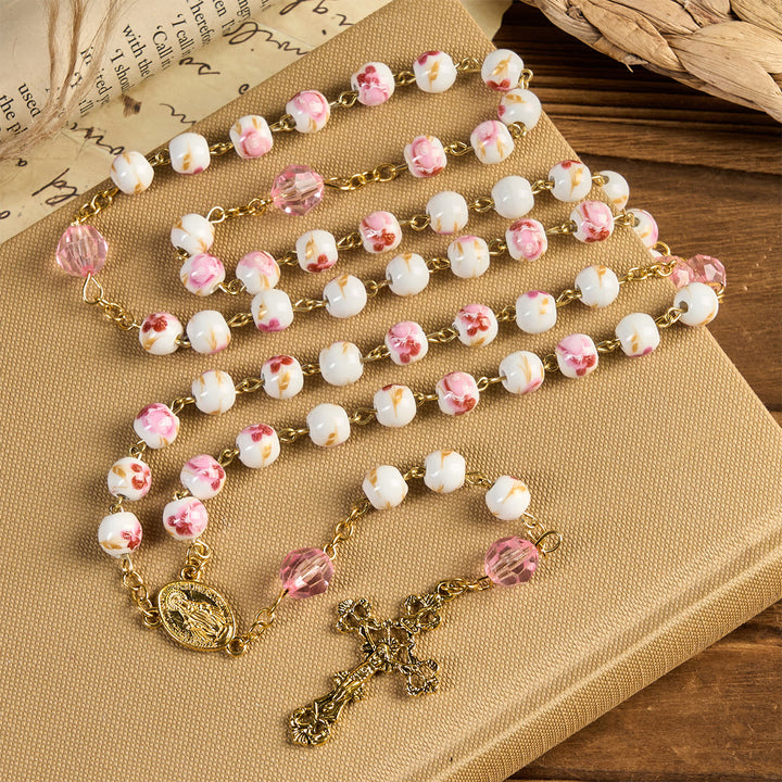 Christianartworkshop Wundertätige Medaille & Kruzifix von 8 mm runden Blumen rosa Keramik Legierung Kette Rosenkranz - image 3