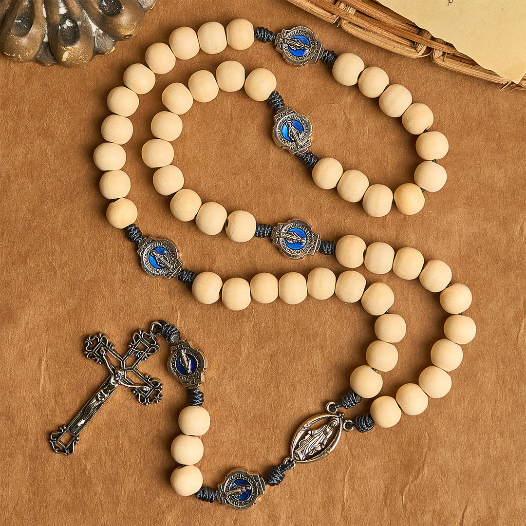 Christianartworkshop Heiliger Rosenkranz aus hellem Holz: Blaue Ikonenakzente und Vintage-Kruzifix - image 0