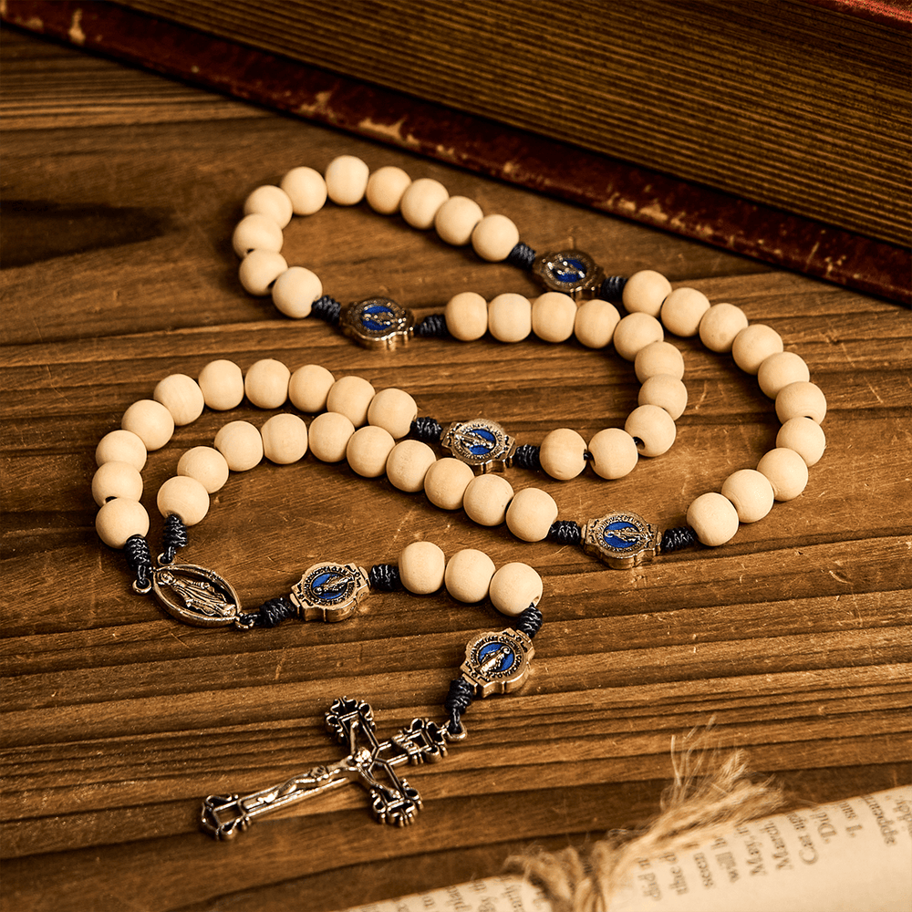 Christianartworkshop Heiliger Rosenkranz aus hellem Holz: Blaue Ikonenakzente und Vintage-Kruzifix - image 1