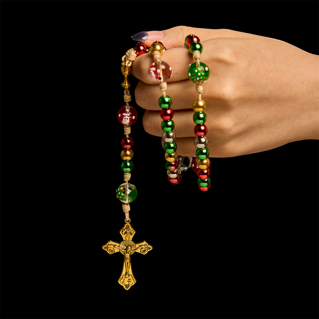 Christianartworkshop Rosenkranz in Weihnachtsstimmung: Bunte Perlen und verziertes goldenes Kruzifix - image 3