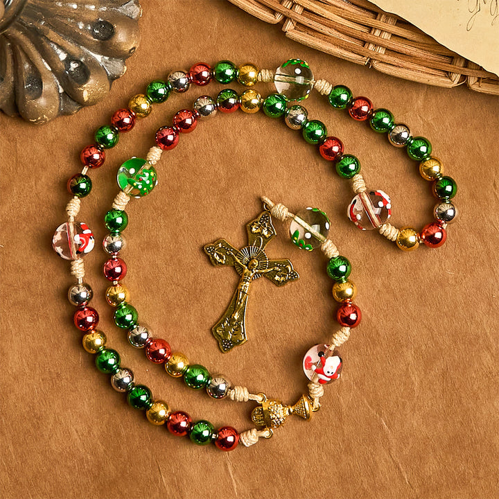 Christianartworkshop Rosenkranz in Weihnachtsstimmung: Bunte Perlen und verziertes goldenes Kruzifix - image 7