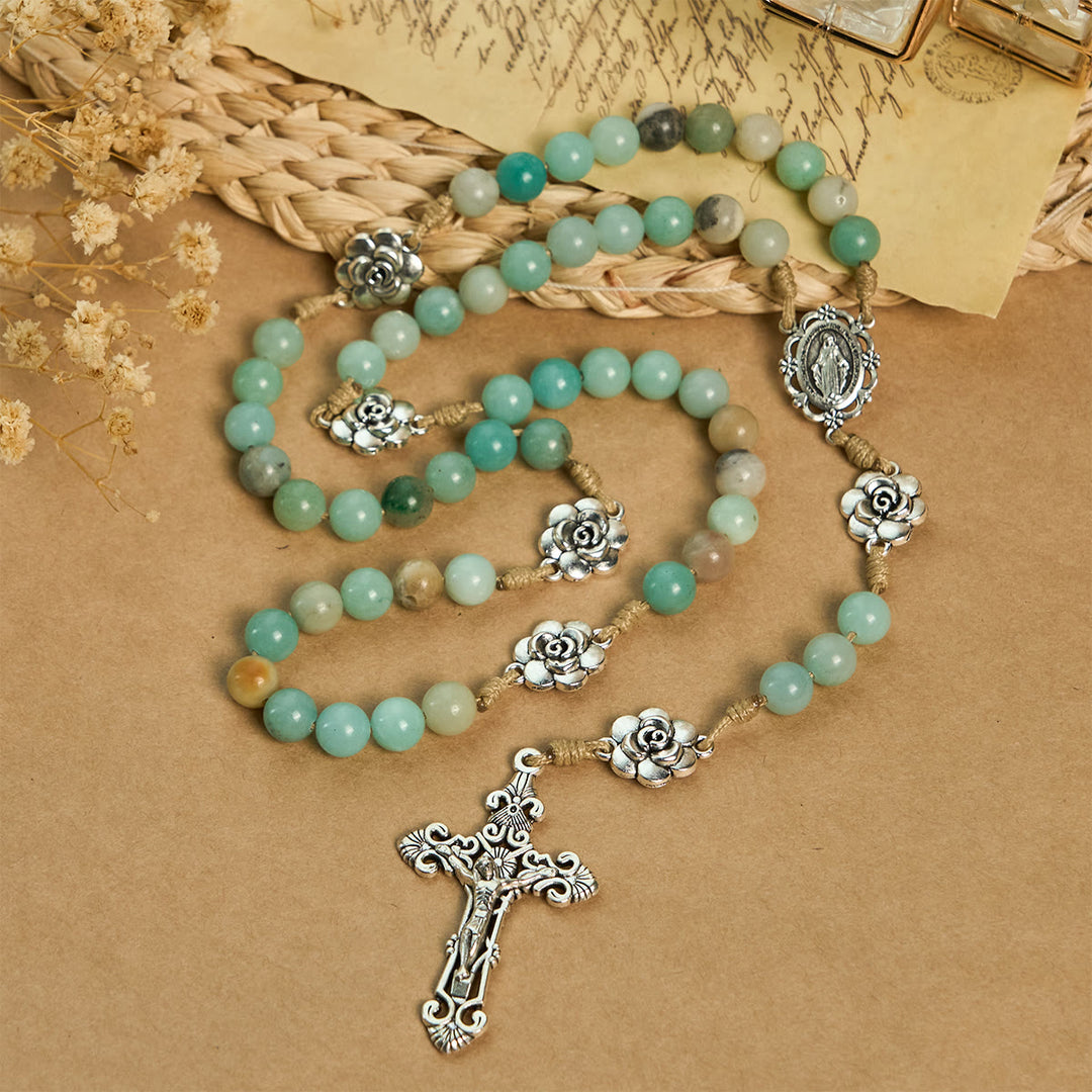 Christianartworkshop Rosenkranz mit ruhiger grüner Perle und Blumenanhängern: Voller Gelassenheit und Segen - image 5