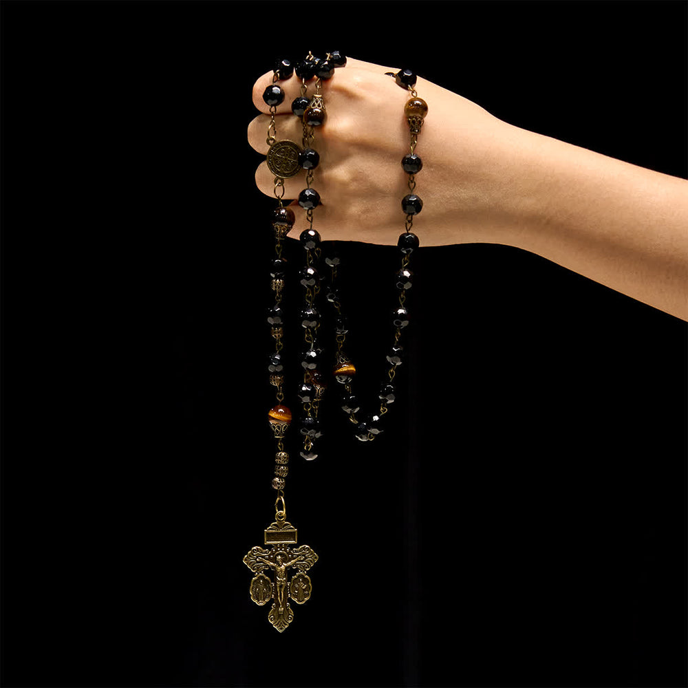 Christianartworkshop Rosenkranz aus Obsidian-Tigerauge-Perlen im Vintage-Stil mit Pardon-Kruzifix und St. Benedikt - image 1