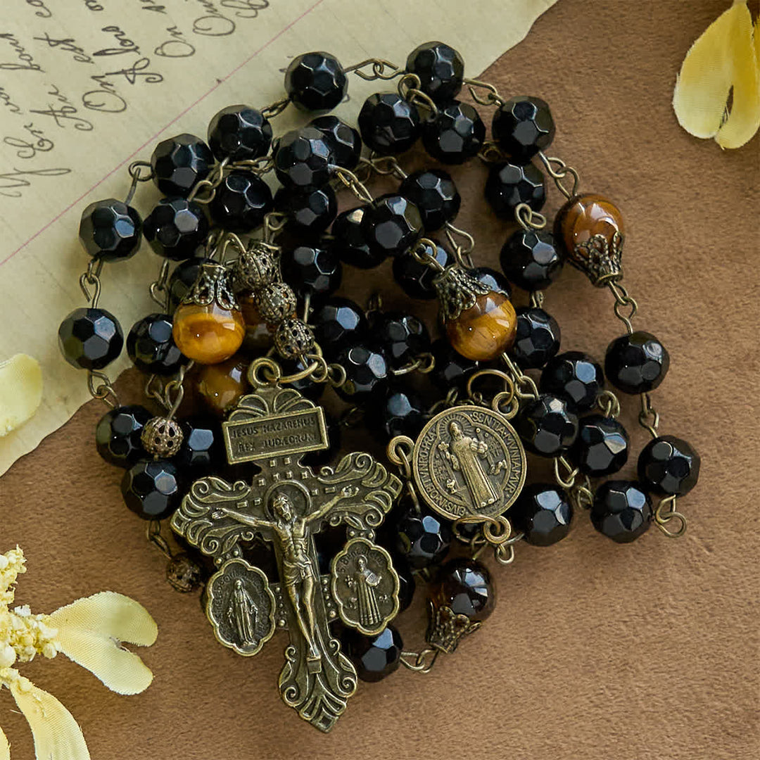 Christianartworkshop Rosenkranz aus Obsidian-Tigerauge-Perlen im Vintage-Stil mit Pardon-Kruzifix und St. Benedikt - Kruzifix & St. Benedikt - image 0