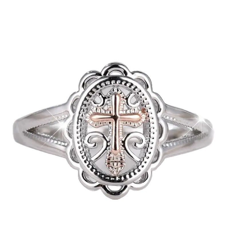 Christianartworkshop Zweifarbiger Kreuzring: Filigraner Glaubensschmuck aus Silber und Roségold - image 2