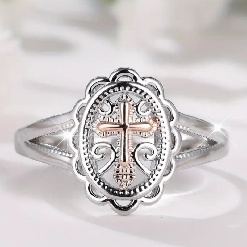 Christianartworkshop Zweifarbiger Kreuzring: Filigraner Glaubensschmuck aus Silber und Roségold - Silber - US 10 - image 0