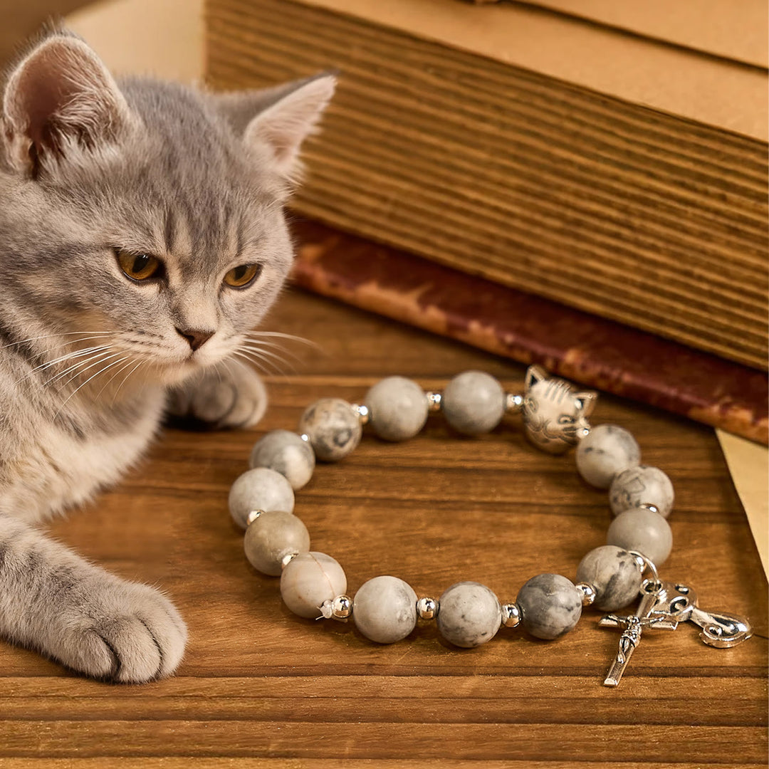 Christianartworkshop Gebetsrosenkranz mit hellgrauer getigerter Katze: Gebetsvolle Fürsorge für streunende Katzen, Armband, Tierrosenkranz - Armband mit getigerter Katze - image 9