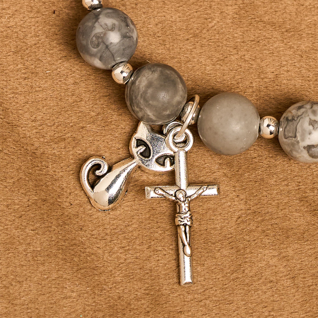 Christianartworkshop Gebetsrosenkranz mit hellgrauer getigerter Katze: Gebetsvolle Fürsorge für streunende Katzen, Armband, Tierrosenkranz - image 16