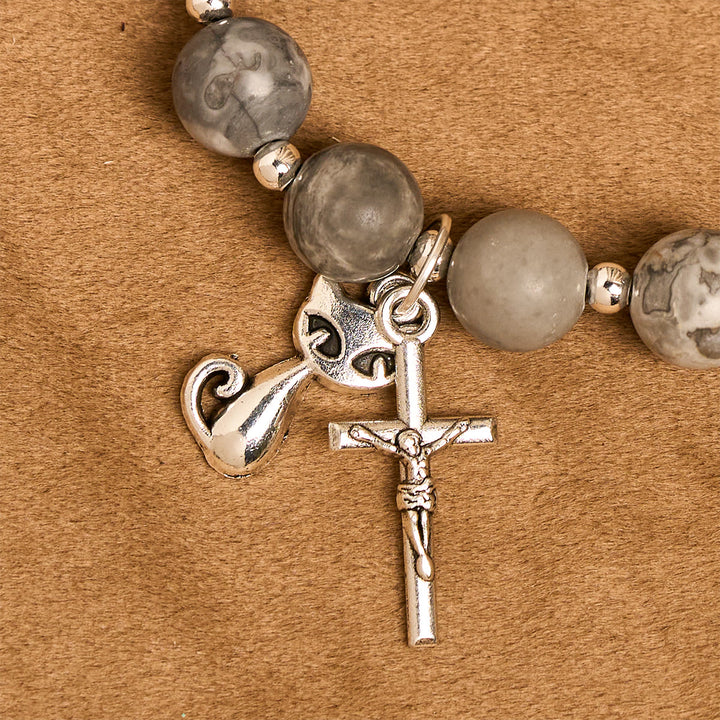Christianartworkshop Gebetsrosenkranz mit hellgrauer getigerter Katze: Gebetsvolle Fürsorge für streunende Katzen, Armband, Tierrosenkranz - image 16