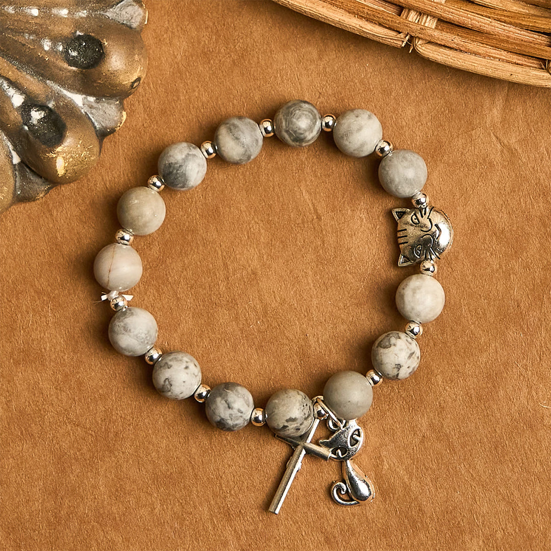 Christianartworkshop Gebetsrosenkranz mit hellgrauer getigerter Katze: Gebetsvolle Fürsorge für streunende Katzen, Armband, Tierrosenkranz - image 12