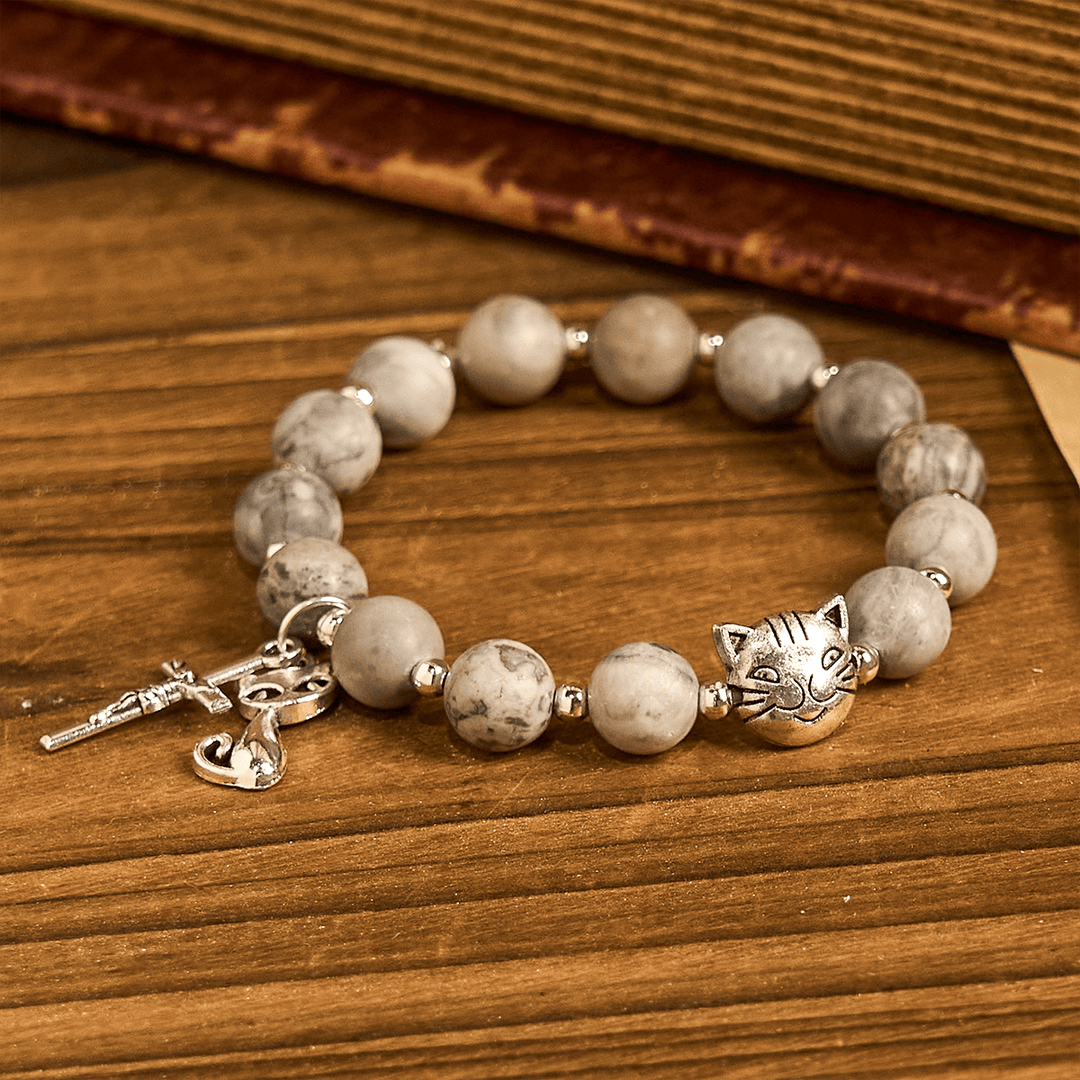 Christianartworkshop Gebetsrosenkranz mit hellgrauer getigerter Katze: Gebetsvolle Fürsorge für streunende Katzen, Armband, Tierrosenkranz - image 14