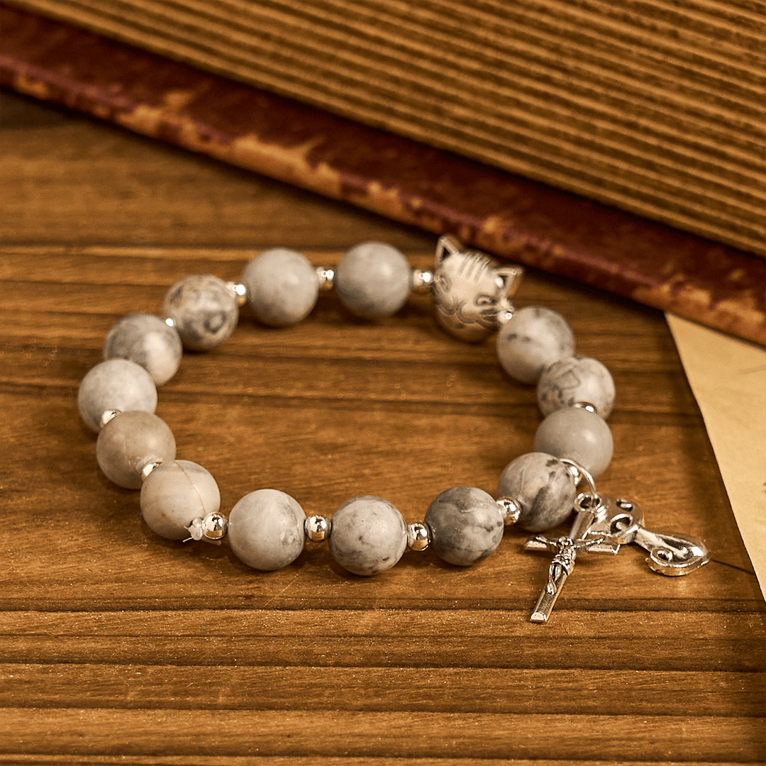 Christianartworkshop Gebetsrosenkranz mit hellgrauer getigerter Katze: Gebetsvolle Fürsorge für streunende Katzen, Armband, Tierrosenkranz - image 13
