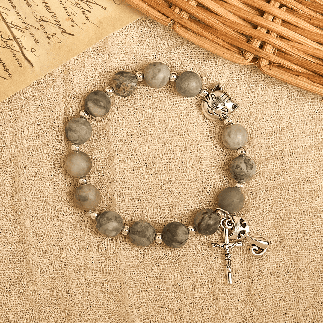 Christianartworkshop Gebetsrosenkranz mit hellgrauer getigerter Katze: Gebetsvolle Fürsorge für streunende Katzen, Armband, Tierrosenkranz - image 11