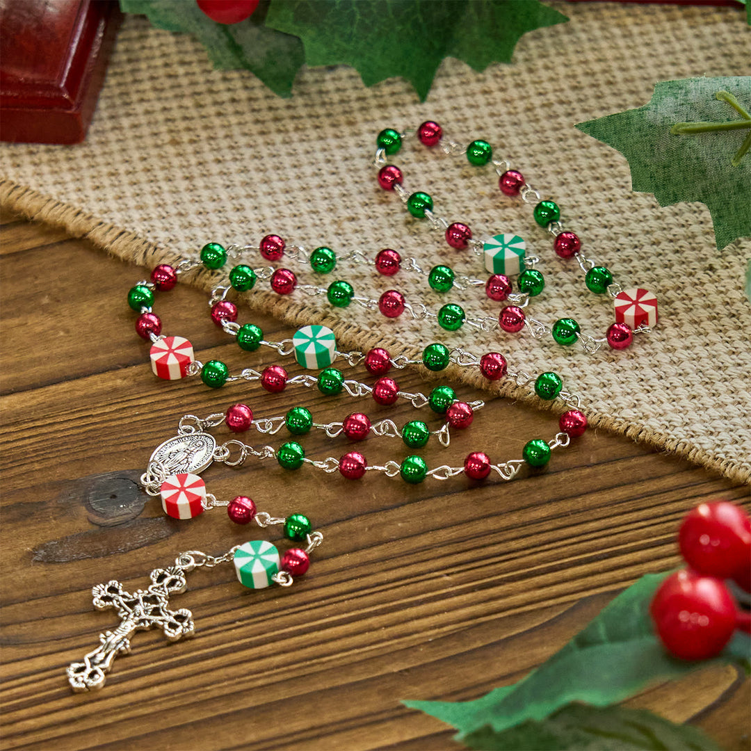 Christianartworkshop Festlicher Weihnachtsrosenkranz: Rot - Grüne Perlen, Bonbonformen & Kruzifix - image 6