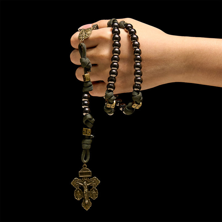 Christianartworkshop Militär – Paracord-Rosenkranz im Stil: Silberfarbene Perlen und Messing JESUS - image 1