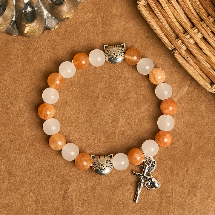 Christianartworkshop Armband mit orangefarbenem und weißem Quarz und Katzengesicht aus Edelstahl mit Anhängern eines orangefarbenen getigerten Tiers - image 2