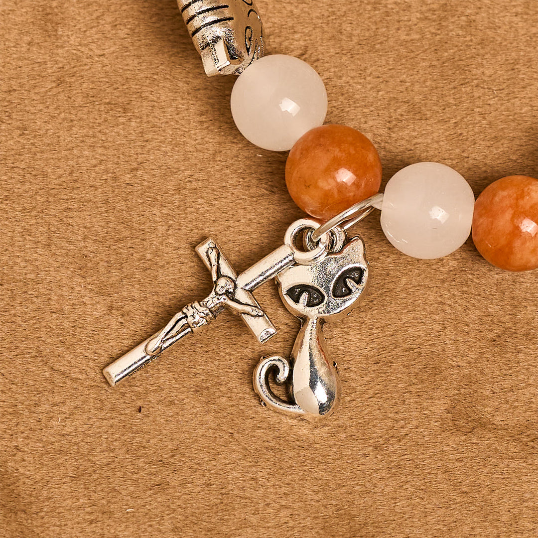 Christianartworkshop Armband mit orangefarbenem und weißem Quarz und Katzengesicht aus Edelstahl mit orangefarbenen Tabby-Anhängern, Tier-Rosenkranz - image 17