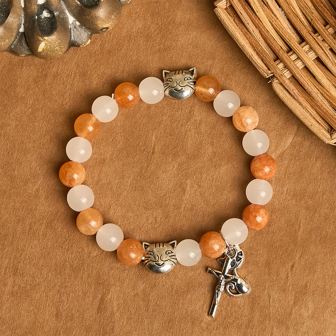 Christianartworkshop Armband mit orangefarbenem und weißem Quarz und Katzengesicht aus Edelstahl mit orangefarbenen Tabby-Anhängern, Tier-Rosenkranz - image 12