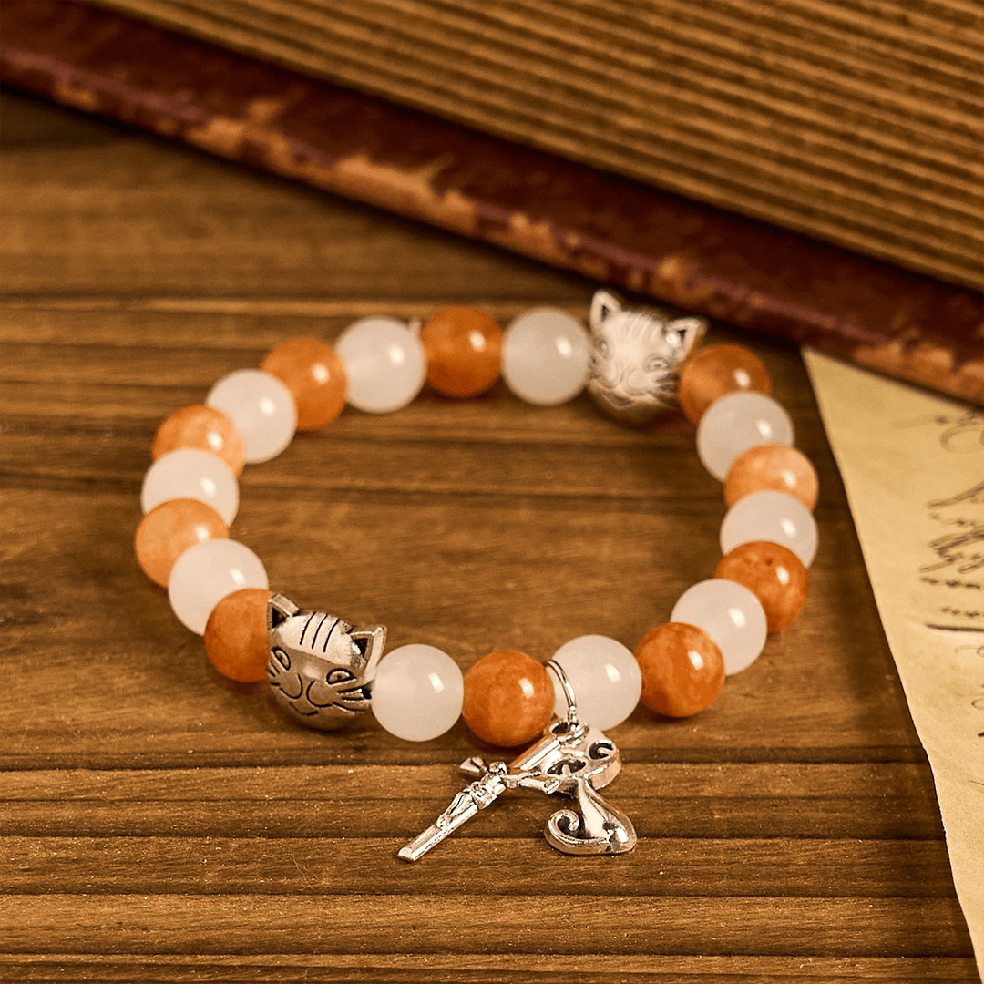 Christianartworkshop Armband mit orangefarbenem und weißem Quarz und Katzengesicht aus Edelstahl mit Anhängern eines orangefarbenen getigerten Tiers - image 3