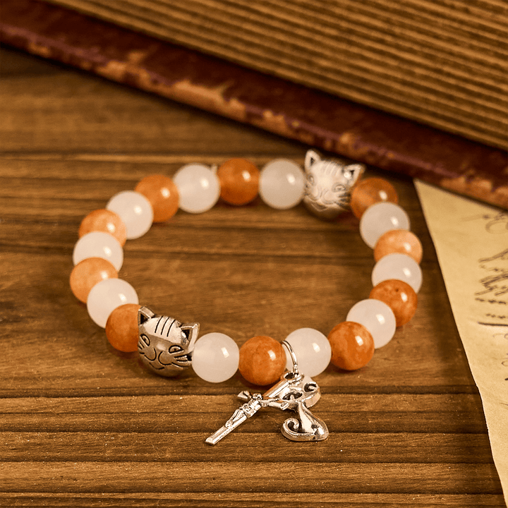 Christianartworkshop Armband mit orangefarbenem und weißem Quarz und Katzengesicht aus Edelstahl mit Anhängern eines orangefarbenen getigerten Tiers - image 3