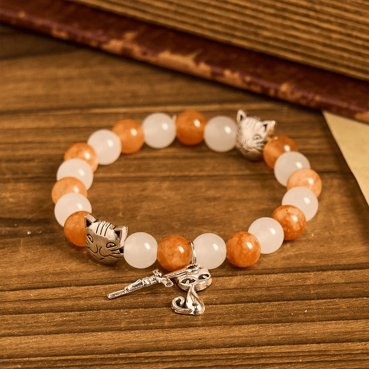 Christianartworkshop Armband mit orangefarbenem und weißem Quarz und Katzengesicht aus Edelstahl mit Anhängern eines orangefarbenen getigerten Tiers - image 5