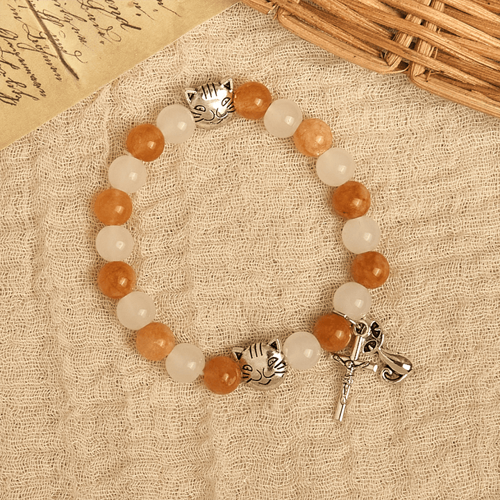 Christianartworkshop Armband mit orangefarbenem und weißem Quarz und Katzengesicht aus Edelstahl mit orangefarbenen Tabby-Anhängern, Tier-Rosenkranz - image 14