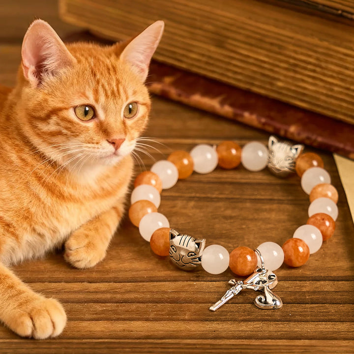 Christianartworkshop Armband mit orangefarbenem und weißem Quarz und Katzengesicht aus Edelstahl mit Anhängern eines orangefarbenen getigerten Tiers - Handgelenkumfang: 6,3''-7,5''/16-19cm - image 0