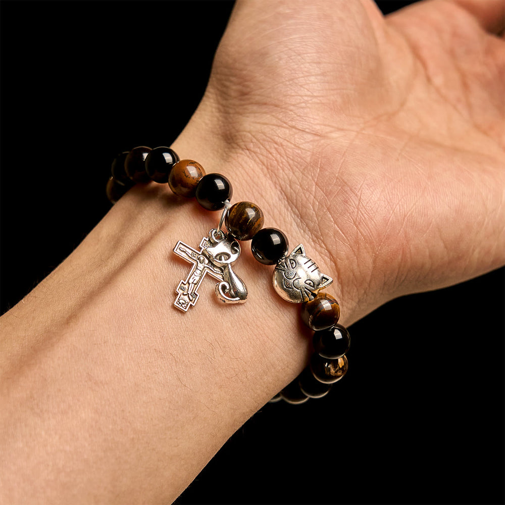Christianartworkshop Treue getigerte Katze mit braun-schwarzen Perlen für liebevolles Gebet, Tierarmband - image 1