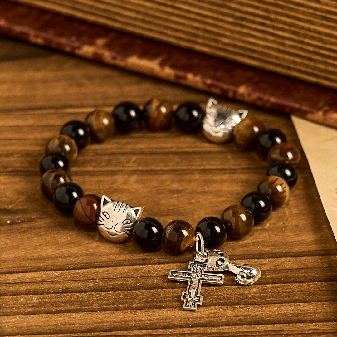 Christianartworkshop Treue getigerte Katze mit braun-schwarzen Perlen für liebevolles Gebet, Tierarmband - image 2