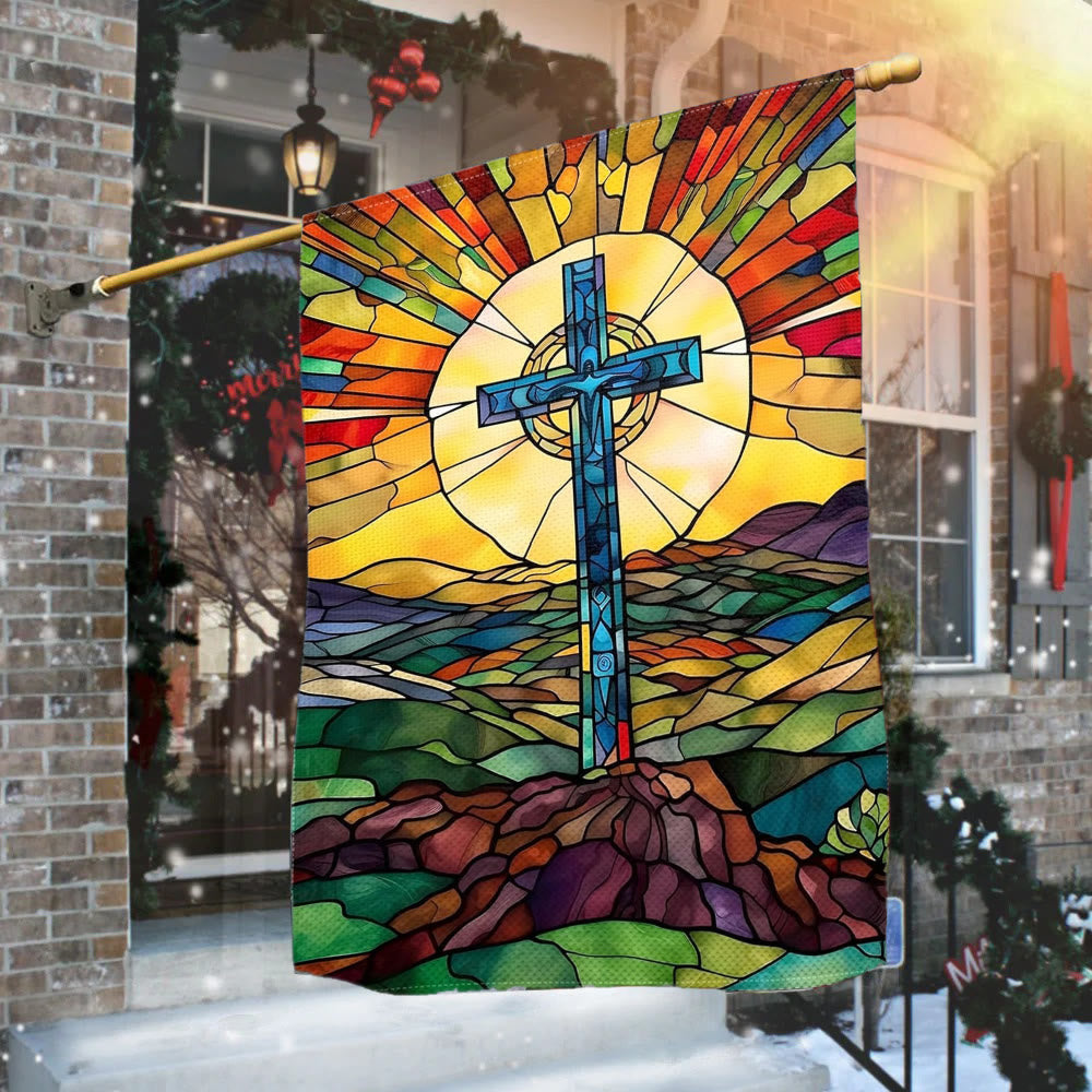 Christianartworkshop Gartenflagge mit gebeiztem Kreuz: Lebendiges religiöses Glaubensdekor - image 1