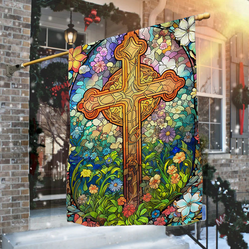 Christianartworkshop Floral – Gartenflagge mit umkreistem, gebeiztem Kreuz: Glaubensdekor für den Hof - image 1