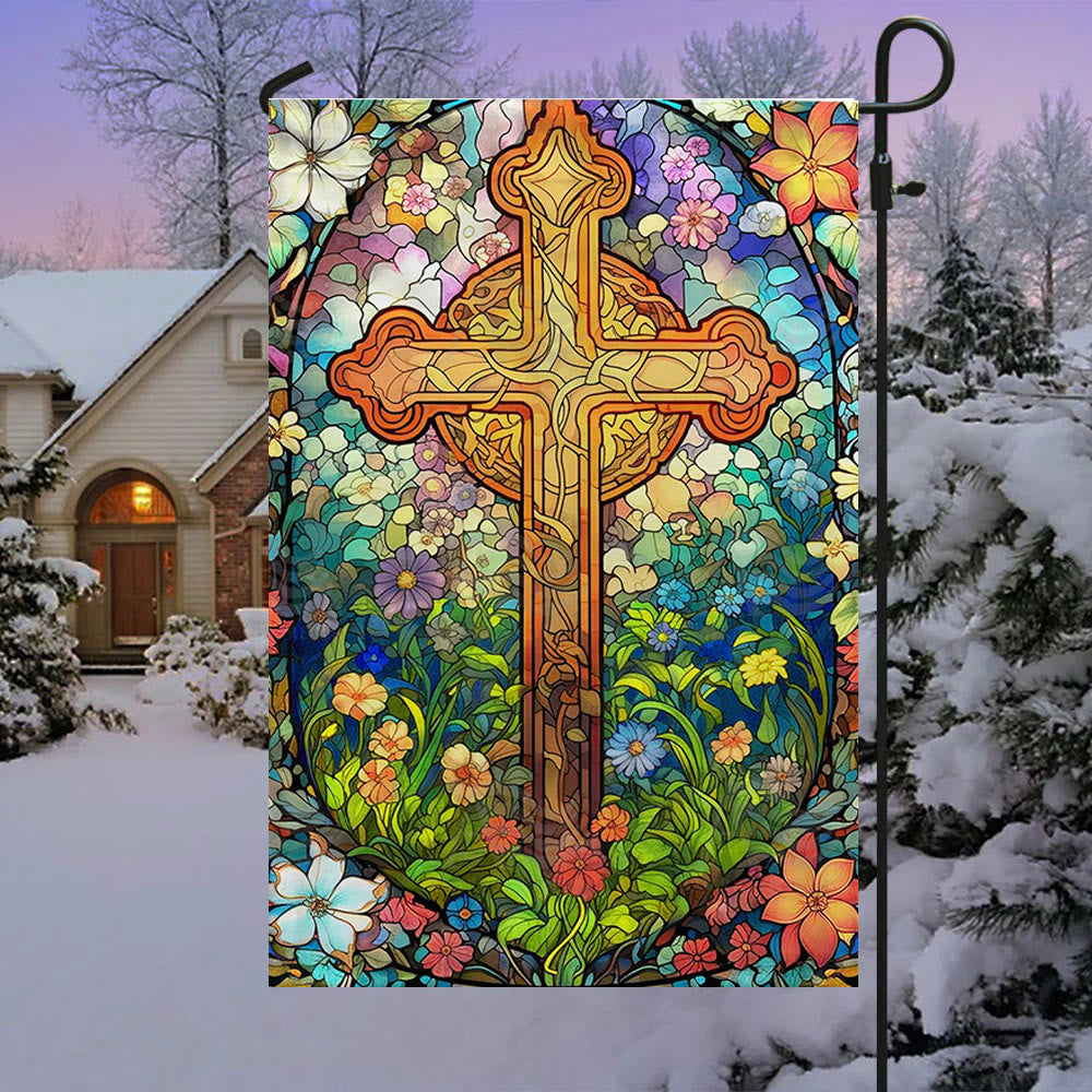 Christianartworkshop Floral – Gartenflagge mit umkreistem, gebeiztem Kreuz: Glaubensdekor für den Hof - image 2