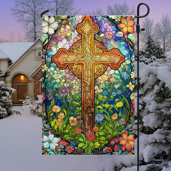 Christianartworkshop Floral – Gartenflagge mit umkreistem, gebeiztem Kreuz: Glaubensdekor für den Hof - image 2