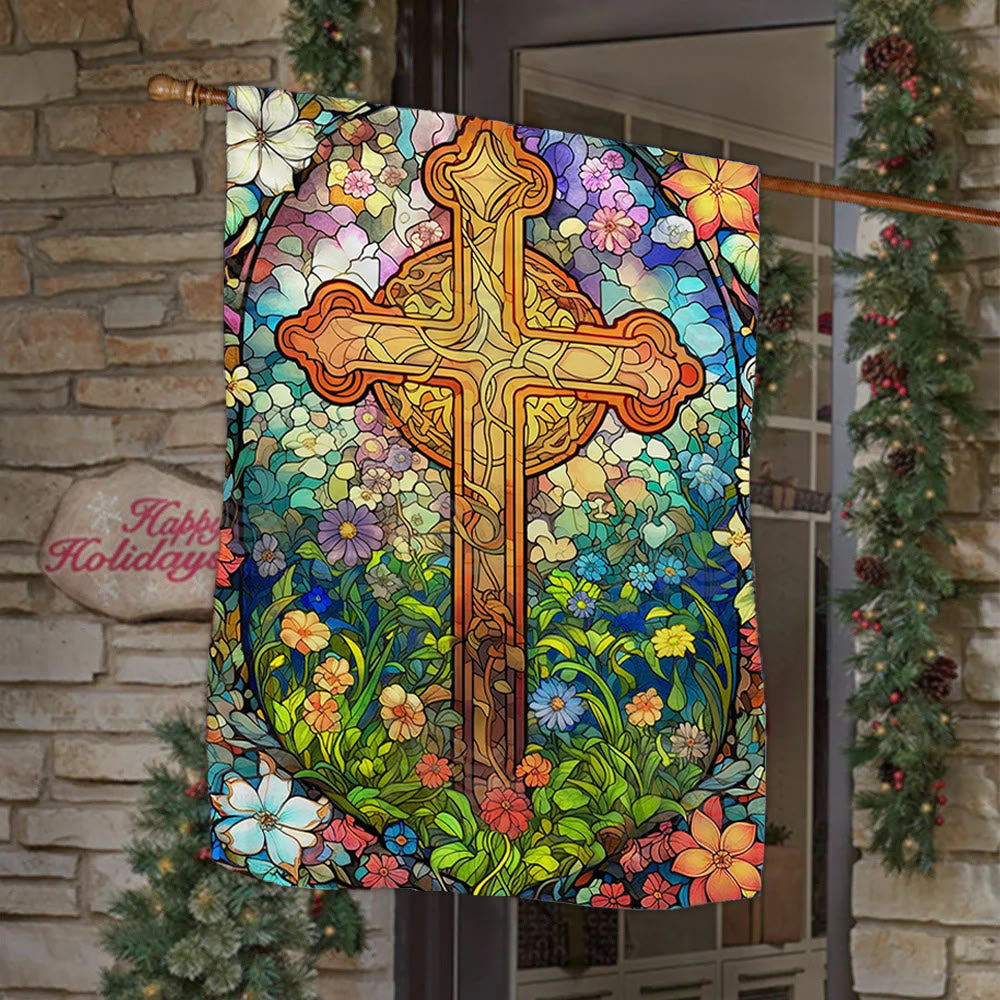 Christianartworkshop Floral – Gartenflagge mit umkreistem, gebeiztem Kreuz: Glaubensdekor für den Hof - 90×150cm (3×5 Fuß) - image 0